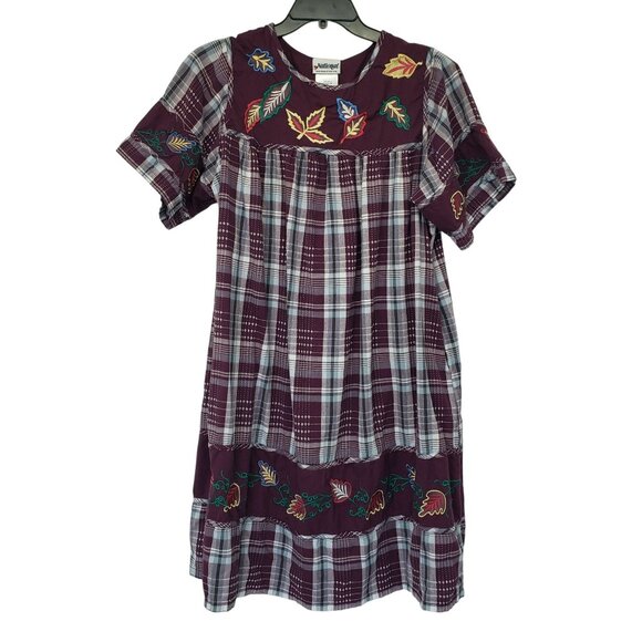 Vintage National Burgundy Plaid Embroidered Fall Leaf Dress Boho Teacher Outfit - Picture 1 of 16